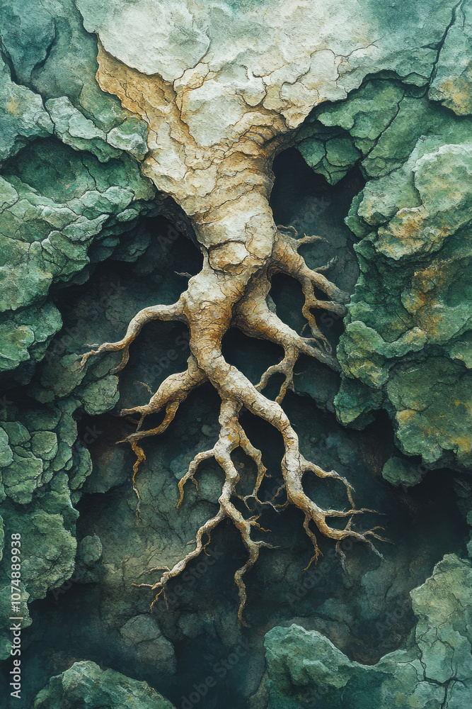 Poster dreamy watercolor of intertwined tree roots under the soil, created in soft pastel greens and browns