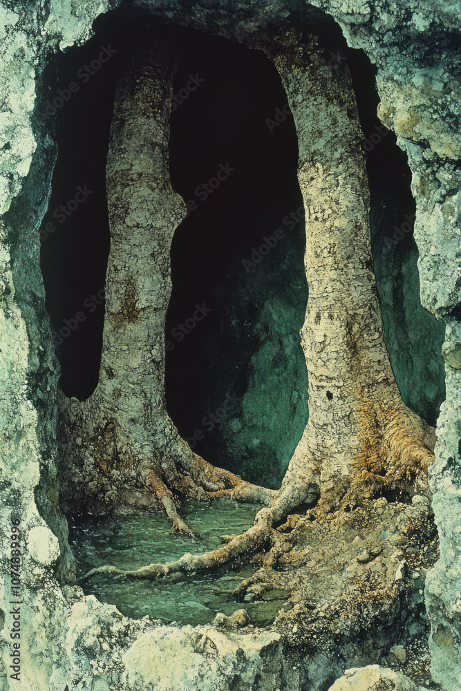 Poster nature-inspired watercolor with two tree roots converging underground, using soft green and brown wa