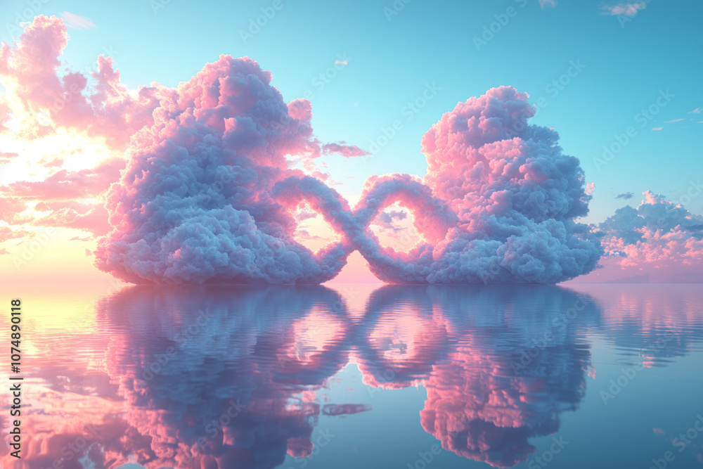 Poster surreal 3d illustration of two clouds merging to form an infinity symbol, floating in a pastel sky w