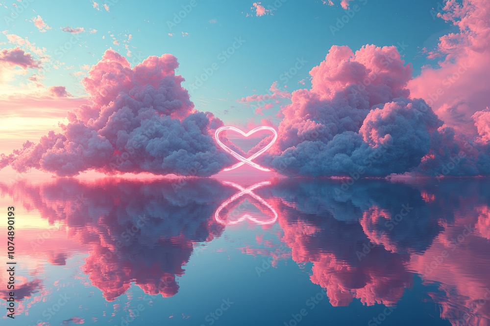 Poster surreal 3d illustration of two clouds merging to form an infinity symbol, floating in a pastel sky w