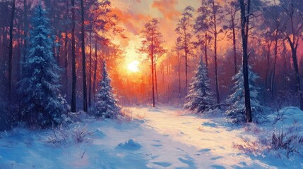 Sun Setting Through a Snowy Forest