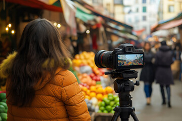 Videographer is recording footage for her travel vlog at the market, capturing the vibrant atmosphere and local produce with her professional camera equipment