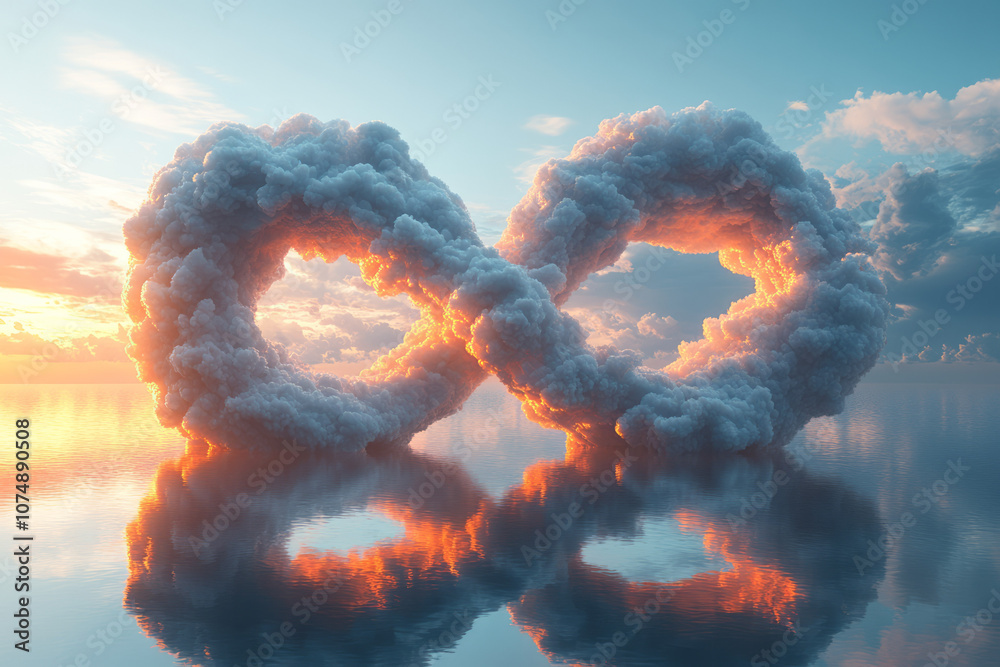 Poster surreal 3d artwork of two clouds connecting as an infinity symbol, illuminated with warm, pastel col