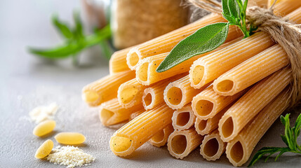 Thick bucatini pasta with hollow centers, beautifully arranged with herbs, evokes sense of culinary delight. Perfect for gourmet dishes and home cooking