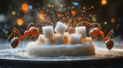 Ants gathering sugar cubes.