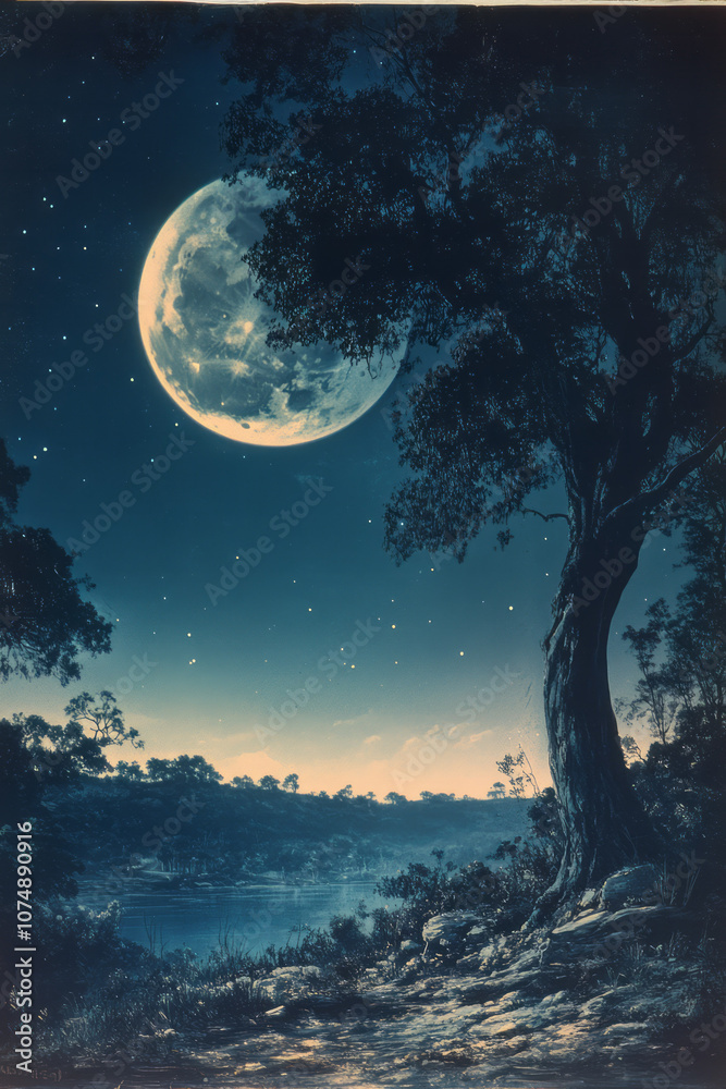 Poster engraving-style mystical scene with a full and crescent moon touching, softly illuminated in silver 