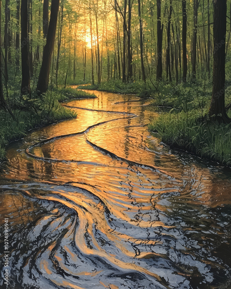 Aufkleber abstract oil painting of intersecting streams in a lush forest, emphasizing the smooth water texture