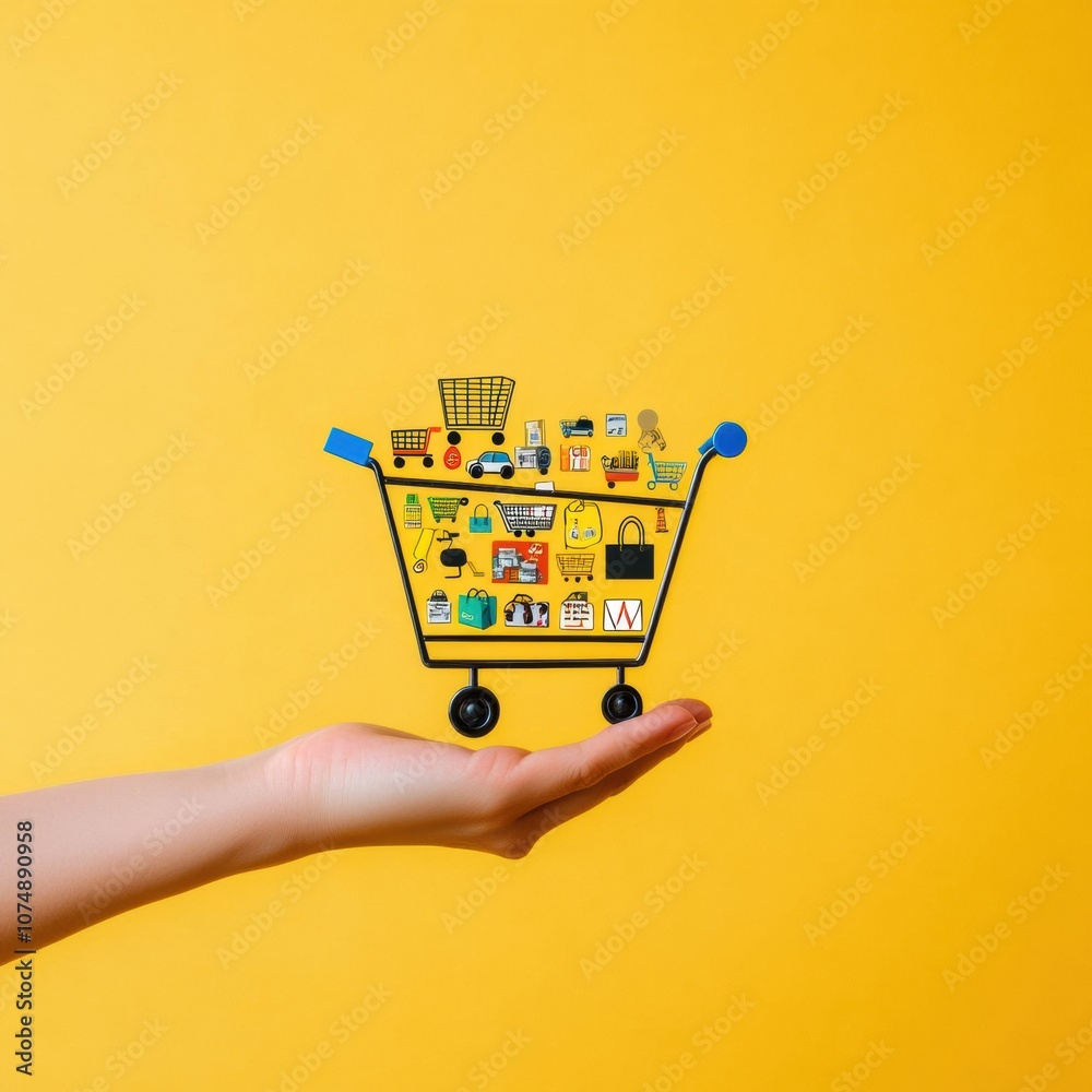Poster A hand is positioned palm up, supporting a whimsical shopping cart filled with various colorful retail items, set against a vibrant yellow backdrop. Generative AI