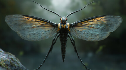 Alderfa, owad o wydłużonych skrzydłach i dużych rozmiarach, kt&oacute;re tworzą piękny, delikatny kształt
