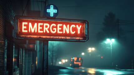 A glowing "EMERGENCY" sign shines in a dark, foggy street, creating a dramatic atmosphere that suggests urgency and attention in a night setting.