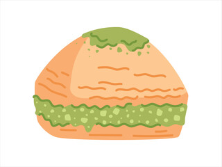 Traditional Turkish dessert, pistachio baklava made from puff pastry. Vector isolated flat illustration, oriental nut sweet.