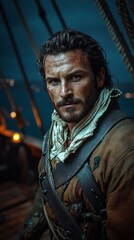 Naklejka premium A rugged pirate on a ship.