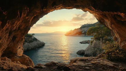 A serene view from a cave, showcasing a sunset over tranquil waters, framed by rocky cliffs and greenery, creating a picturesque natural landscape.
