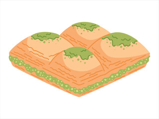 Traditional Turkish dessert, pistachio baklava made from puff pastry. Vector isolated flat illustration, oriental nut sweet.