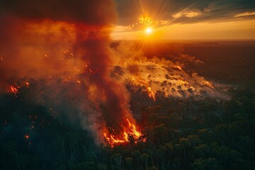 Fototapeta premium As the sun sets, a vast forest is ablaze, with thick black smoke billowing into the sky. The wildfire spreads rapidly, endangering the wildlife and the surrounding environment