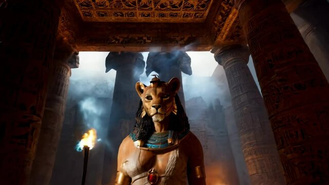 Sekhmet, fierce and resilient, walking through a temple with blazing fires, representing her dual roles as a goddess of war and healing