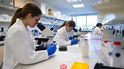 Obraz premium Biology lab setting with biologists working on genetic analysis, microscopes, and molecular research tools