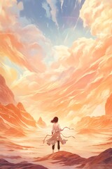 A lone figure stands on a desolate landscape under a swirling sky