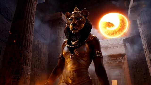 Sekhmet, the lioness-headed Egyptian goddess, stands powerfully against a stormy sky, embodying strength and divine presence