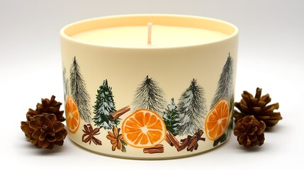 A round cream-colored candle with a single wick surrounded by three brown pine cones. The candle has a design of a forest scene with orange slices, cinnamon sticks, and star anise around pine trees.