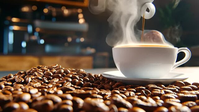 Scattered Coffee Beans with Cup Chalk Mark and Steam Lines