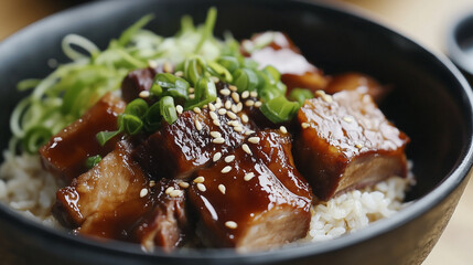 Apetyczna porcja duszonej wieprzowiny podanej z ryżem, posypana aromatycznymi ziarnami sezamu.