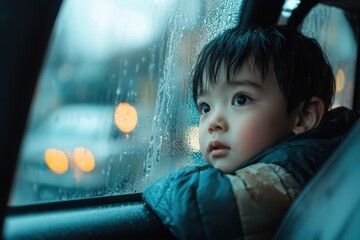 A young Asian child gazes thoughtfully out of a rainy car window.