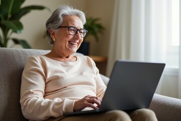 Joyful elderly woman using laptop on sofa at home - embracing technology with a smile
