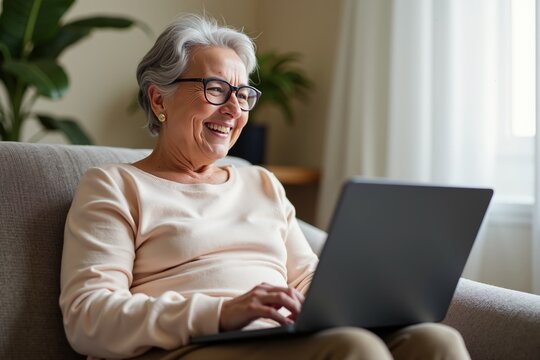 Joyful elderly woman using laptop on sofa at home - embracing technology with a smile