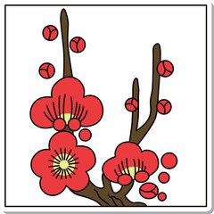 ステッカー正方形花札　如月　梅　2月　梅のカス