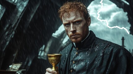 Priest in a stormy chapel.