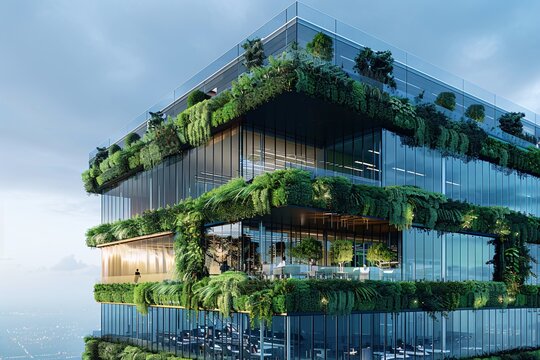 A contemporary office building showcases a unique design with expansive glass windows and vibrant greenery adorning its terraces