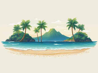 Generated cartoon conceptual illustration of a small island, coast, beach, and the open sea ocean.