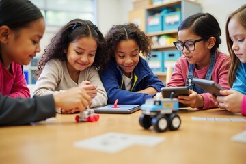 Diverse group of children engaged in interactive learning with tablets and robotics in classroom setting