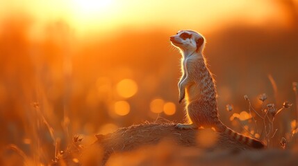A meerkat stands on its hind legs, watching the sunset in the African savanna.