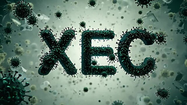representation of the word "XEC" formed from virus-like particles, surrounded by floating viral structures in a scientific, digital environment.