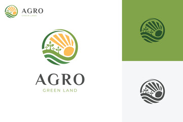 Creative logos of Agriculture industry with green fields and Growing Plant graphic concepts for farm, Agronomy vector logo elements