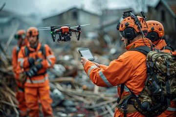 Fototapeta na wymiar A rescue team in bright orange gear operates a drone to evaluate the damage in a devastated neighborhood. They focus on recovery efforts after a significant disaster while collaborating closely