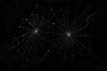 Intricate spider webs against a dark background, showcasing natural complexity and detail. Generative AI