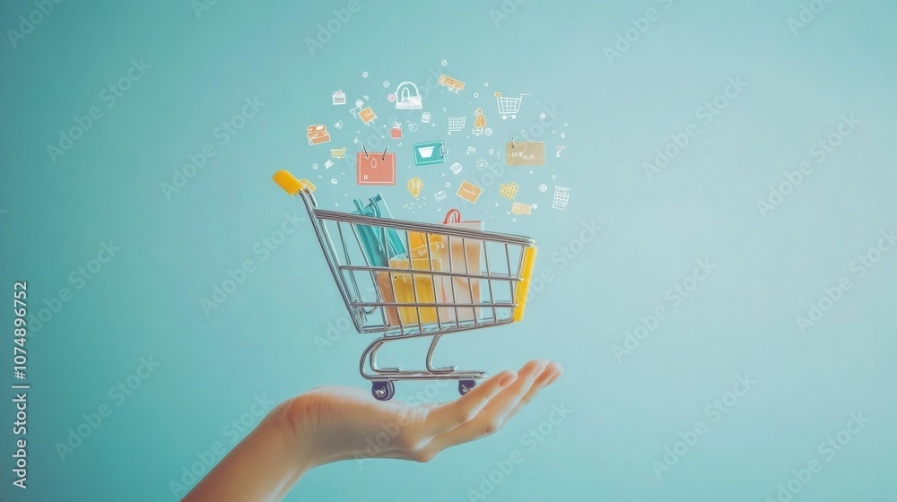 Poster a hand gently supports a stylized shopping cart filled with vibrant, abstract items against a soft, 