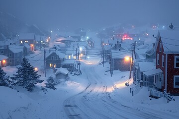 A quiet town is covered in thick snow during a winter evening, with warm lights glowing from the houses. Snow blankets the roads, creating a serene and peaceful atmosphere