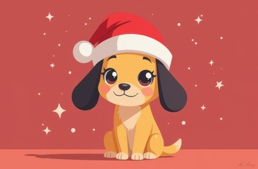 Illustration of cute puppy in christmas hat, red background. Gift for children concept. Dream to get a dog as a gift.
