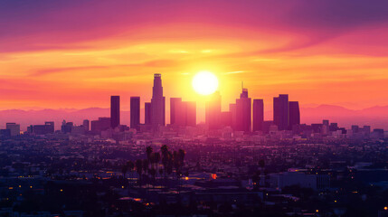 Fototapeta premium A sleek, modern vector illustration of a bustling city skyline at sunset