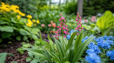 Garden Scene with Colorful Wildflowers, Pink and Yellow Lilies of the Valley, Blue Spring Flowers, and Green Leaves