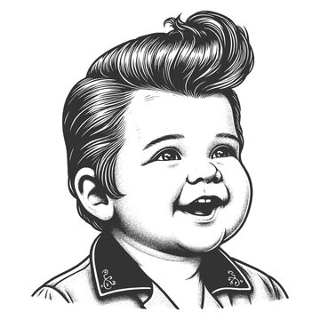 recommend clip art: smiling baby with a retro pompadour hairstyle, vintage vibe and classic charm sketch engraving generative ai fictional character raster illustration. Scratch board imitation. Black and white image.