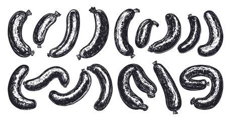 Sausages Collection Linocut Vector Illustrations on White Background Various Types Artisanal Handcrafted Meats Illustration Gourmet Charcuterie Artwork Traditional Recipes