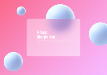 Glass morphism website landing page template. Frosted glass partition with floating spheres.
