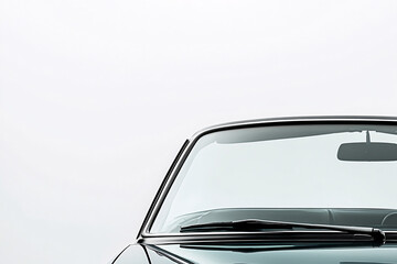 Close-up of a vintage car windshield with wipers and rearview mirror on a plain white background giving a classic and minimalist look 