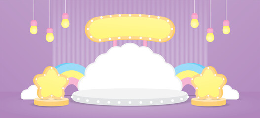 cute kawaii style stage with lightbulb star and sign with cloud shape backdrop on purple wall and floor background 3d illustration vector for putting cute object or product