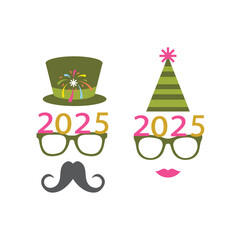 Party glasses and greetings decorated with a hat and stars, ready to be used in New Year's Eve party for 2025.